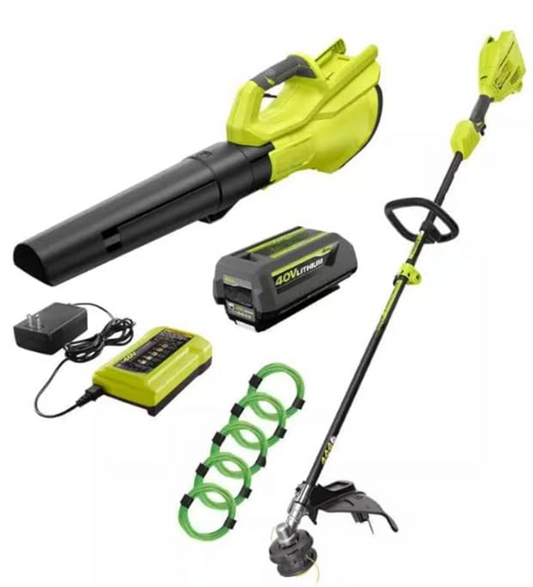Ryobi 40V 2-Tool Combo Kit - 15" String Trimmer, 550 CFM Blower w Battery and Charger RY40CK201K
