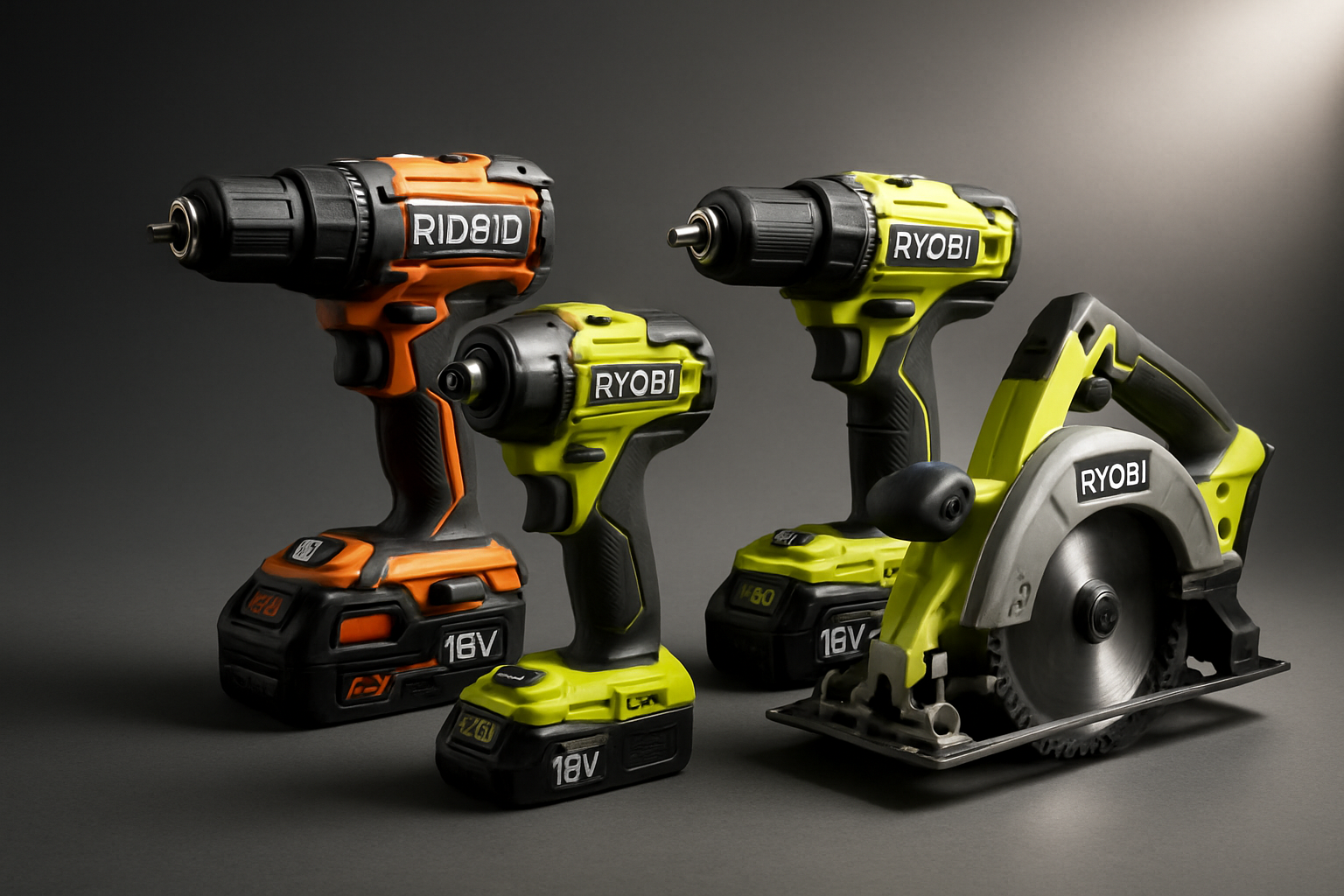 grey brackgroun shading to black in the corner. 2 ridgid and 2 ryobi power tools with a small light reflection from the corner 